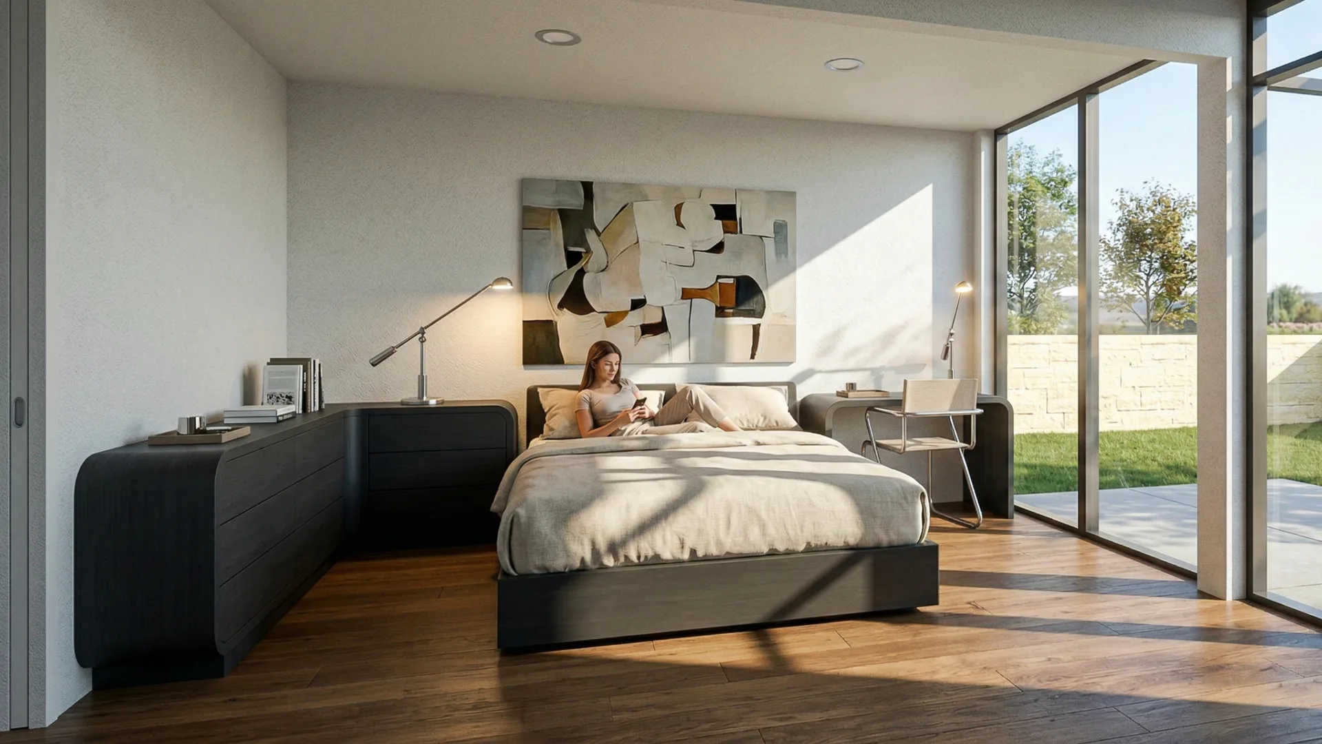 Container House: camera da letto con le vetrate a tutt'altezza verso il giardino