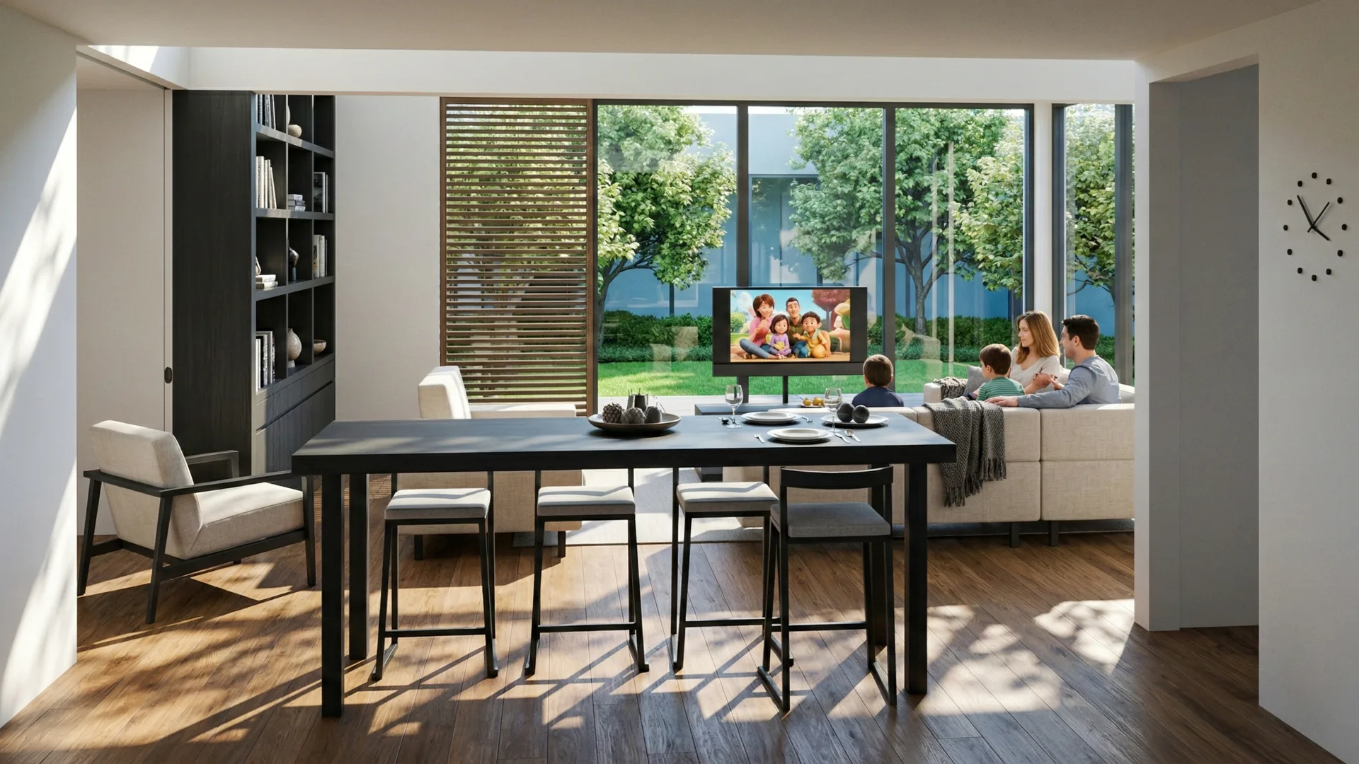Container House: zona pranzo con il tavolo alto, il divano e le vetrate sul giardino