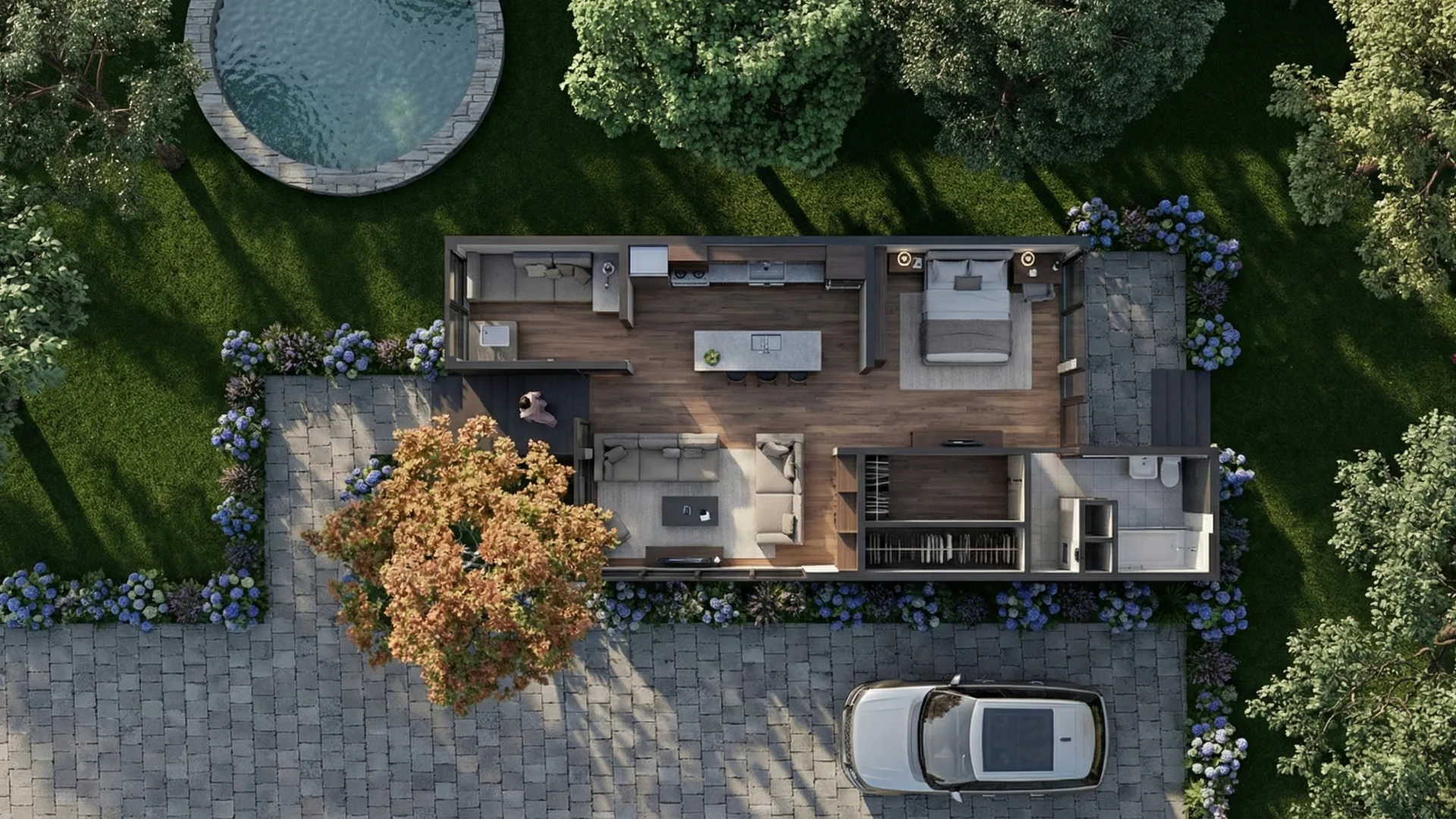 Container House: vista zenitale con la distribuzione interna dei tre moduli, il deck e la piscina