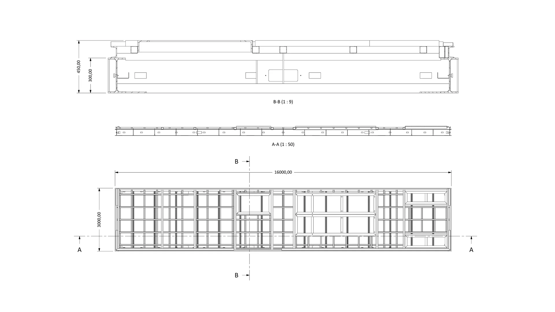 Energy Box Custom: basamento del modulo A: pianta quotata 16000 x 3000 e sezioni A-A e B-B