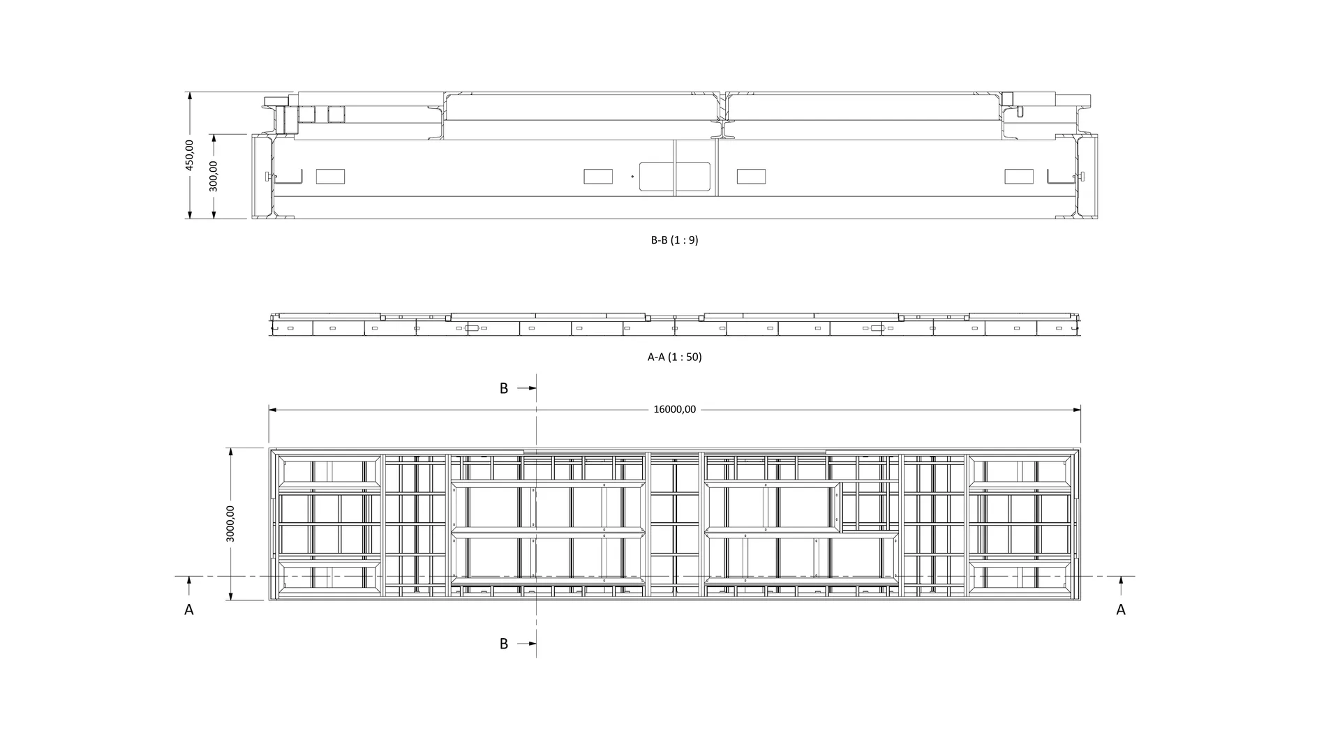 Energy Box Custom: basamento del modulo B: pianta quotata 16000 x 3000 e sezioni A-A e B-B