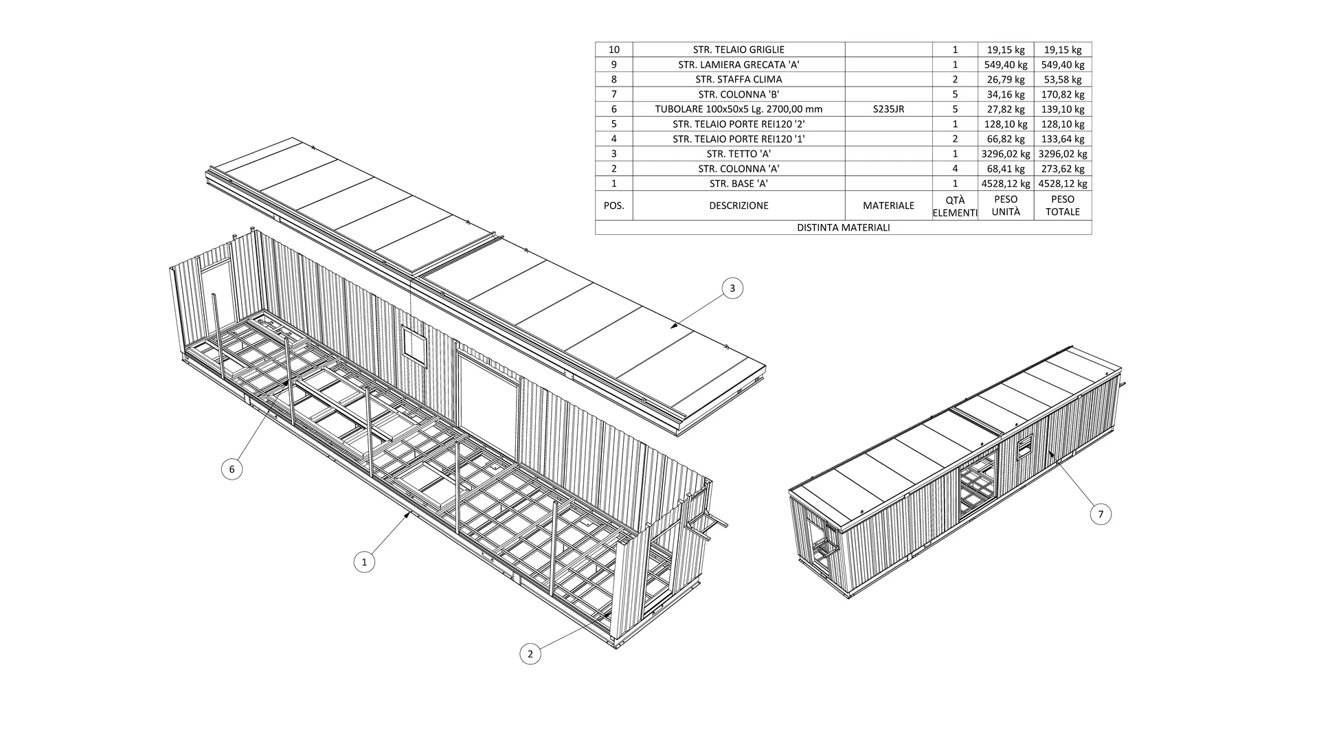 Energy Box Custom: esploso del modulo A con il tetto asportabile e la distinta dei materiali
