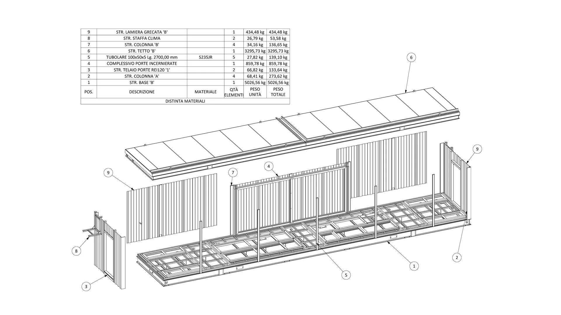 Energy Box Custom: esploso del modulo B con le porte incernierate a tutta altezza e la distinta dei materiali