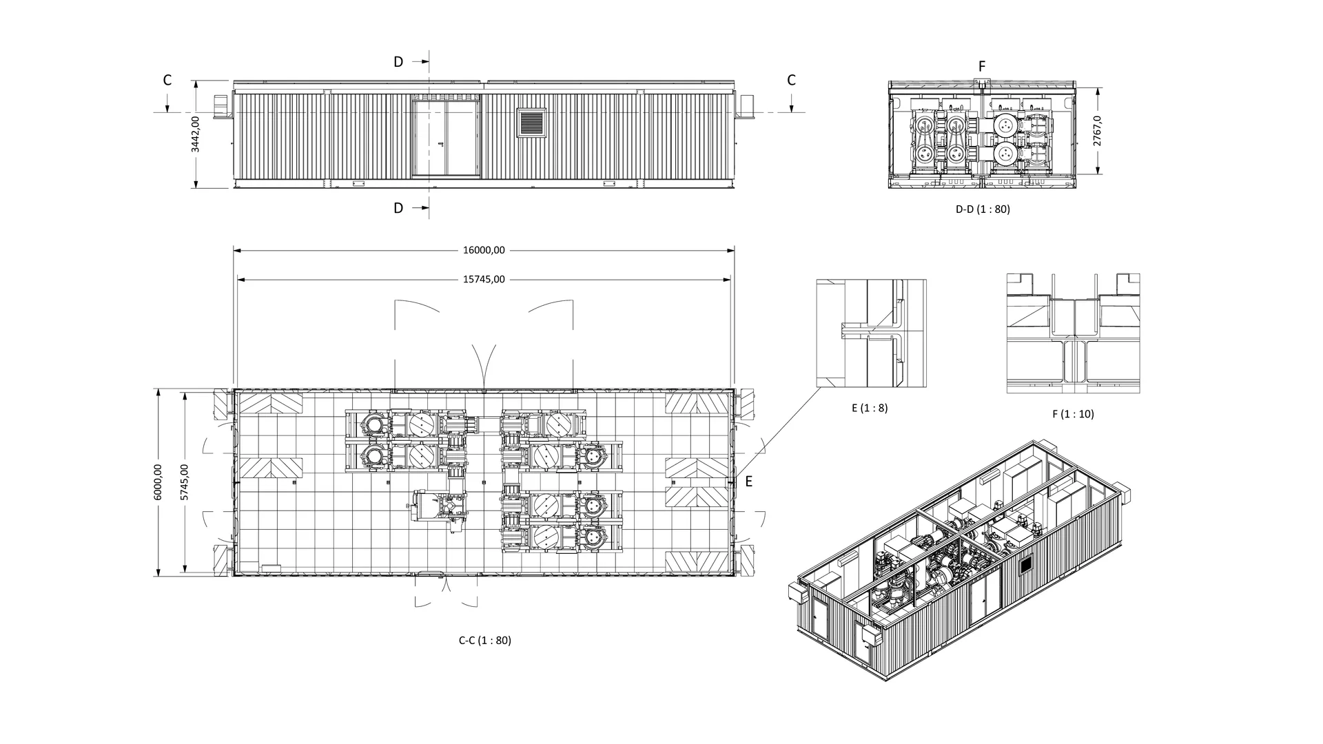 Energy Box Custom: prospetto con la porta, pianta C-C con i quadri e i GIS, sezione D-D, dettagli E ed F e vista assonometrica in spaccato