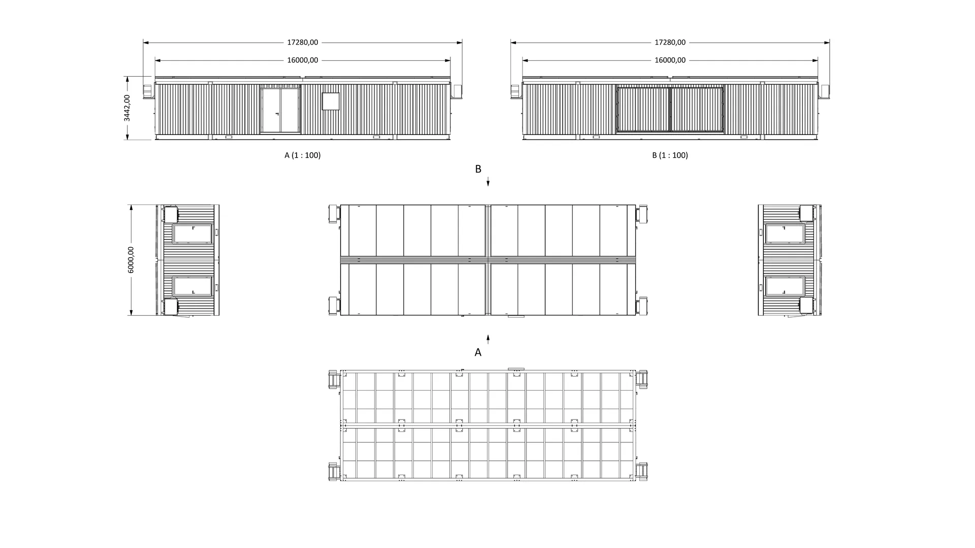 Energy Box Custom: prospetti A e B, testate e piante dei due moduli affiancati, con le quote generali 17280 x 6000 e l'altezza 3442