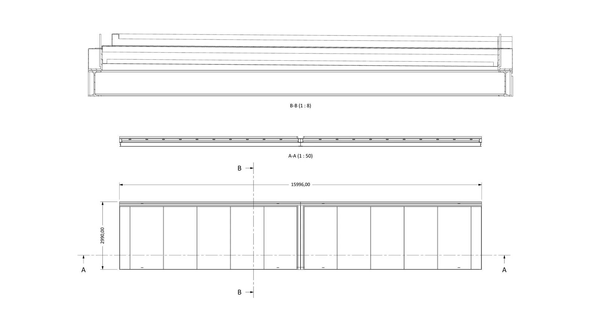 Energy Box Custom: tetto asportabile: pianta 15996 x 2990 e sezioni A-A e B-B