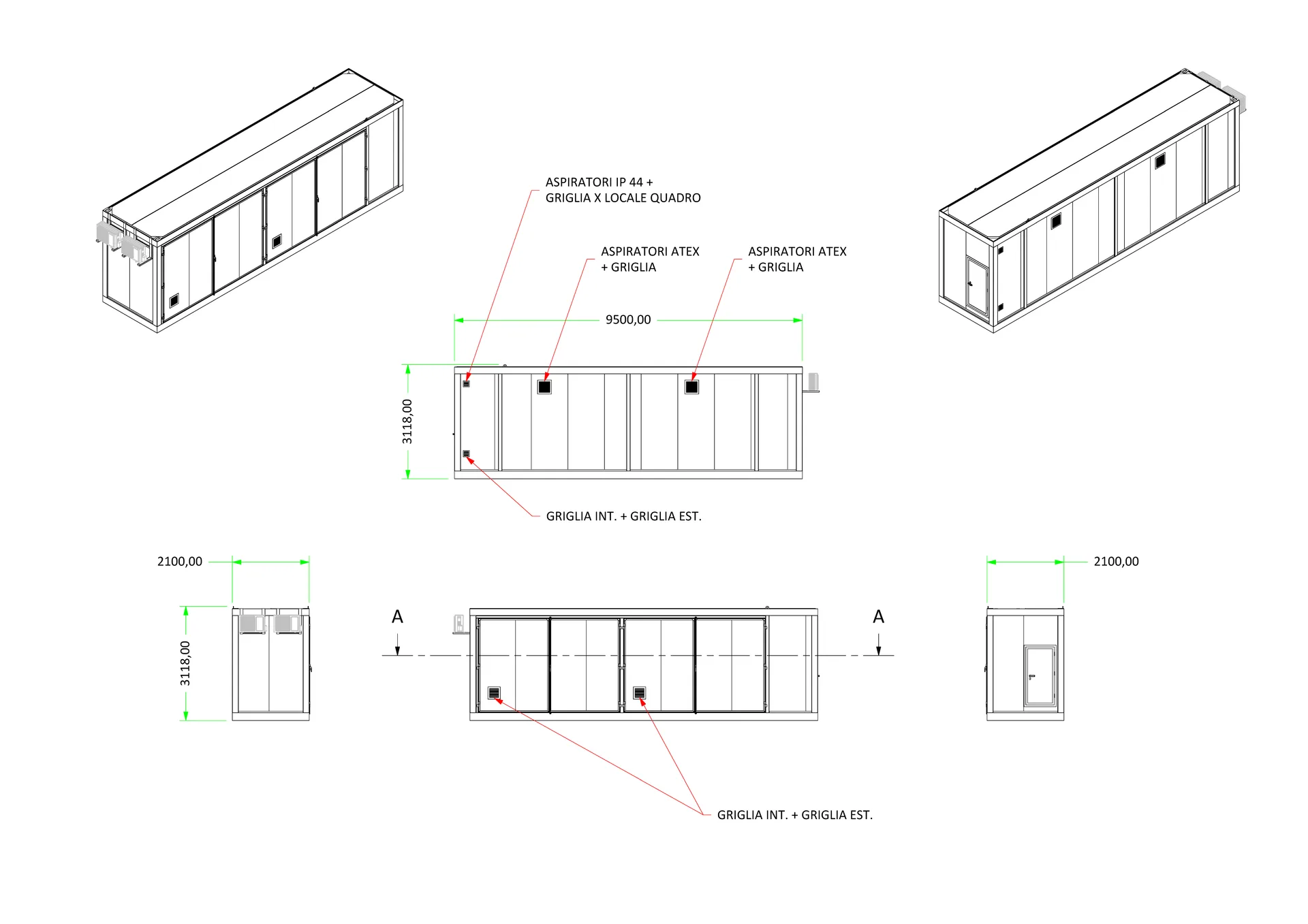 Modulo Stress Test: prospetti e viste assonometriche con le quote generali e la posizione degli aspiratori