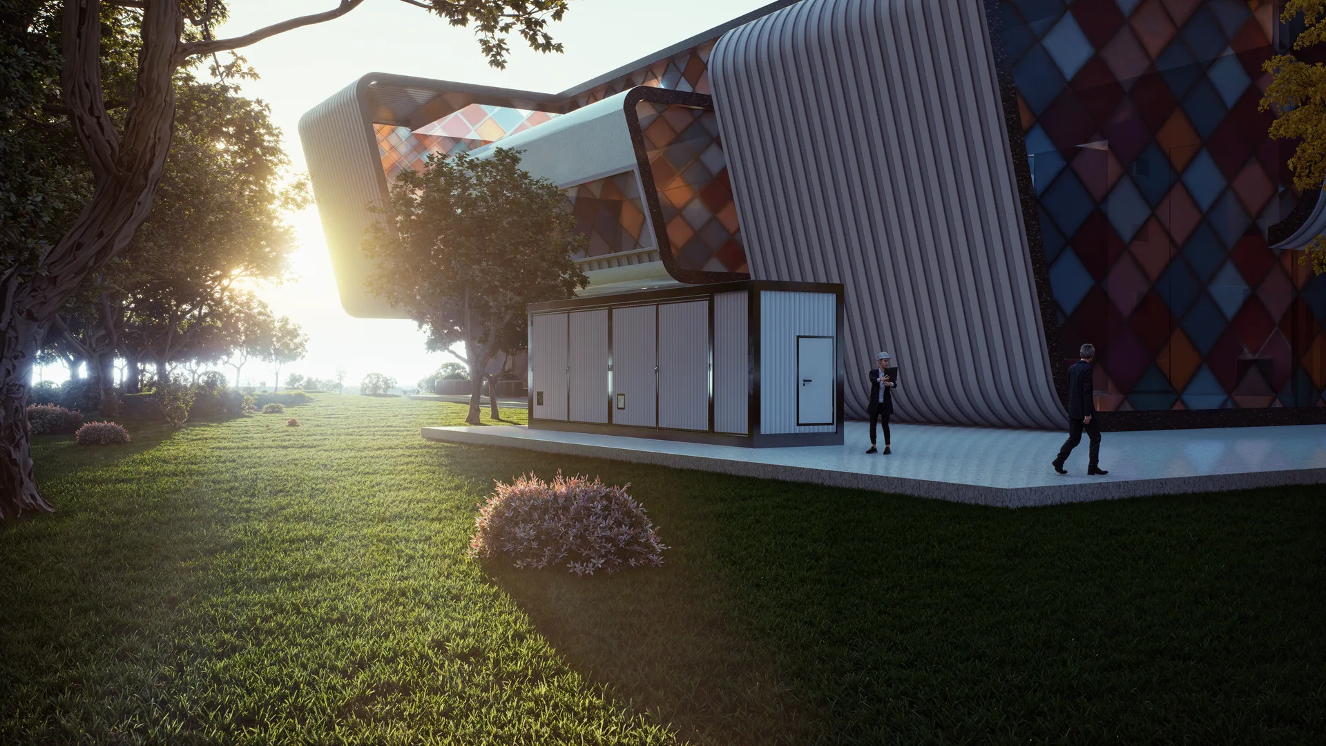 Modulo Stress Test: vista del modulo addossato all'edificio, con i quattro portelloni e la porta del vano tecnico
