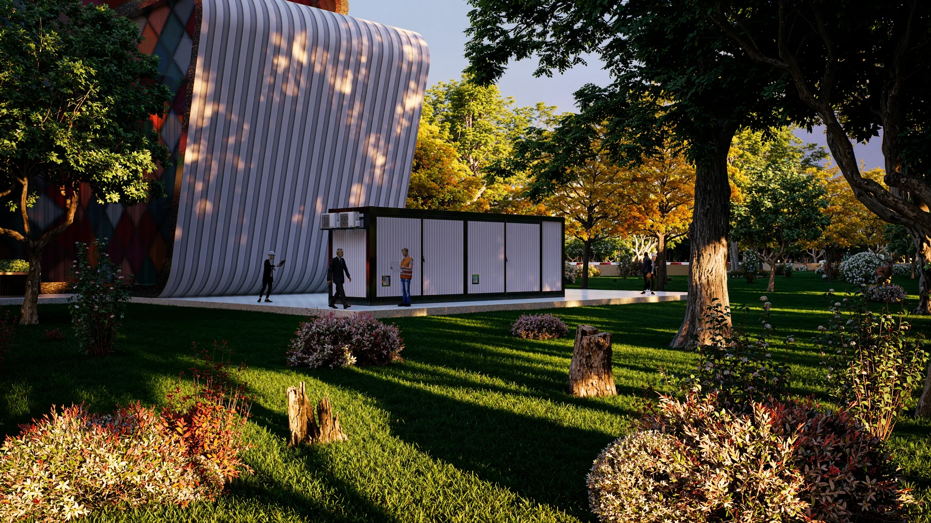 Modulo Stress Test: vista esterna del modulo nel parco, con le unità di climatizzazione sulla testata