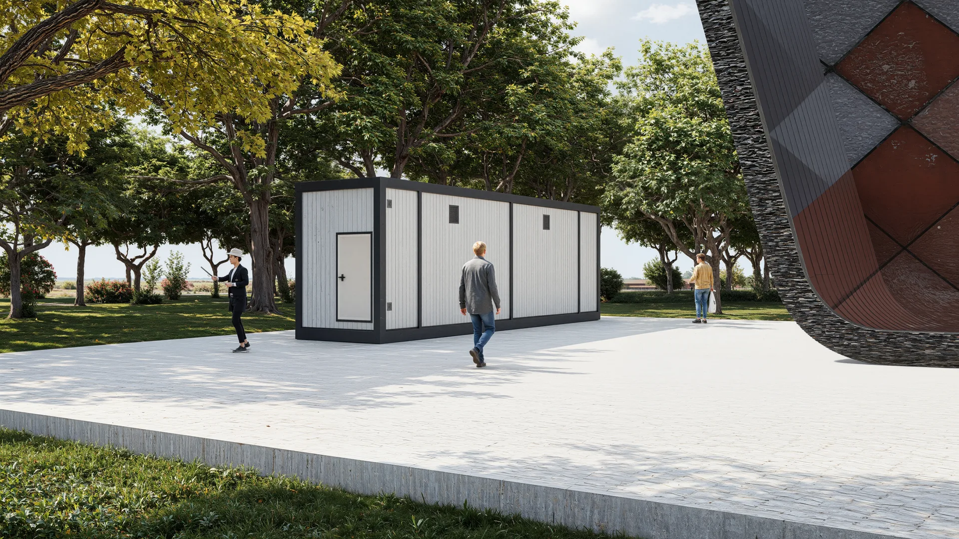 Modulo Stress Test: vista del modulo sul piazzale, con la porta del vano tecnico e le griglie di aerazione