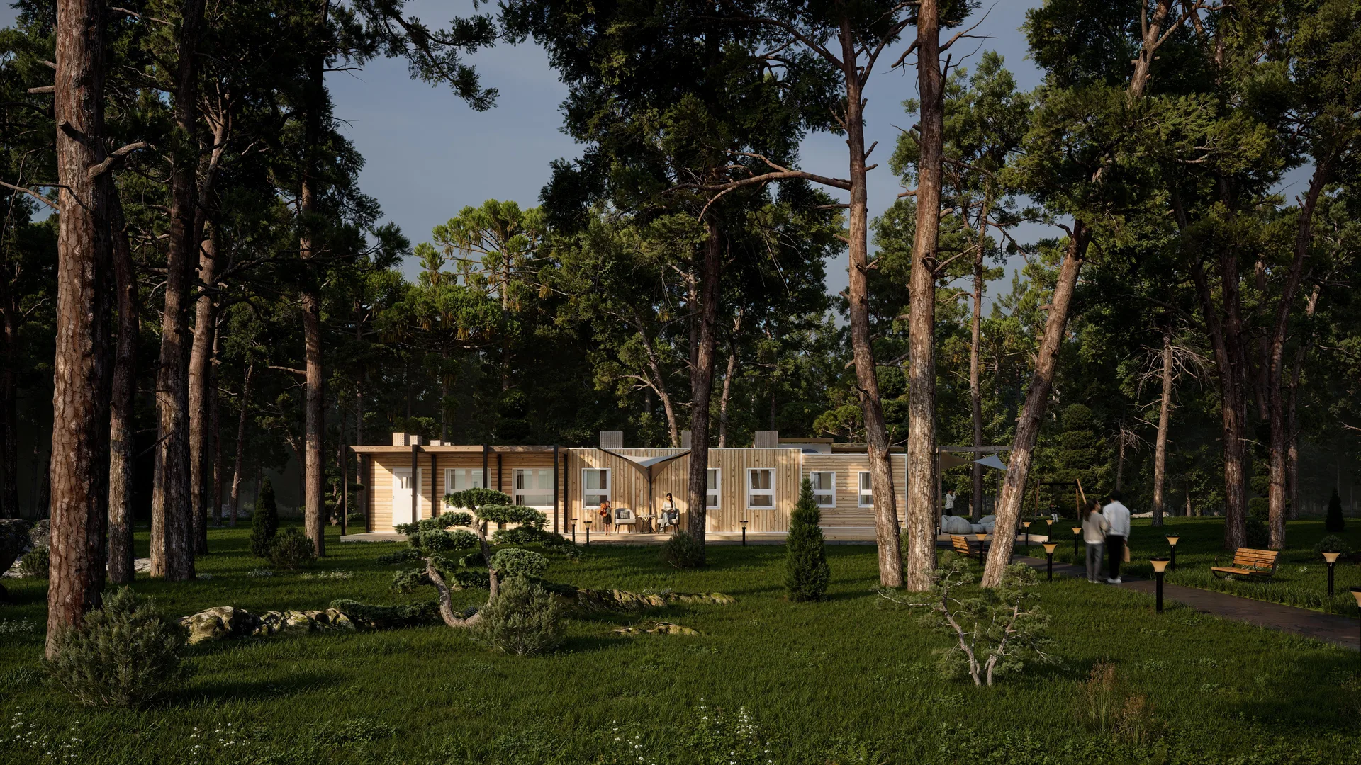 Villa Resort Forestale: vista esterna del resort fra i pini, con il portico e la terrazza in legno