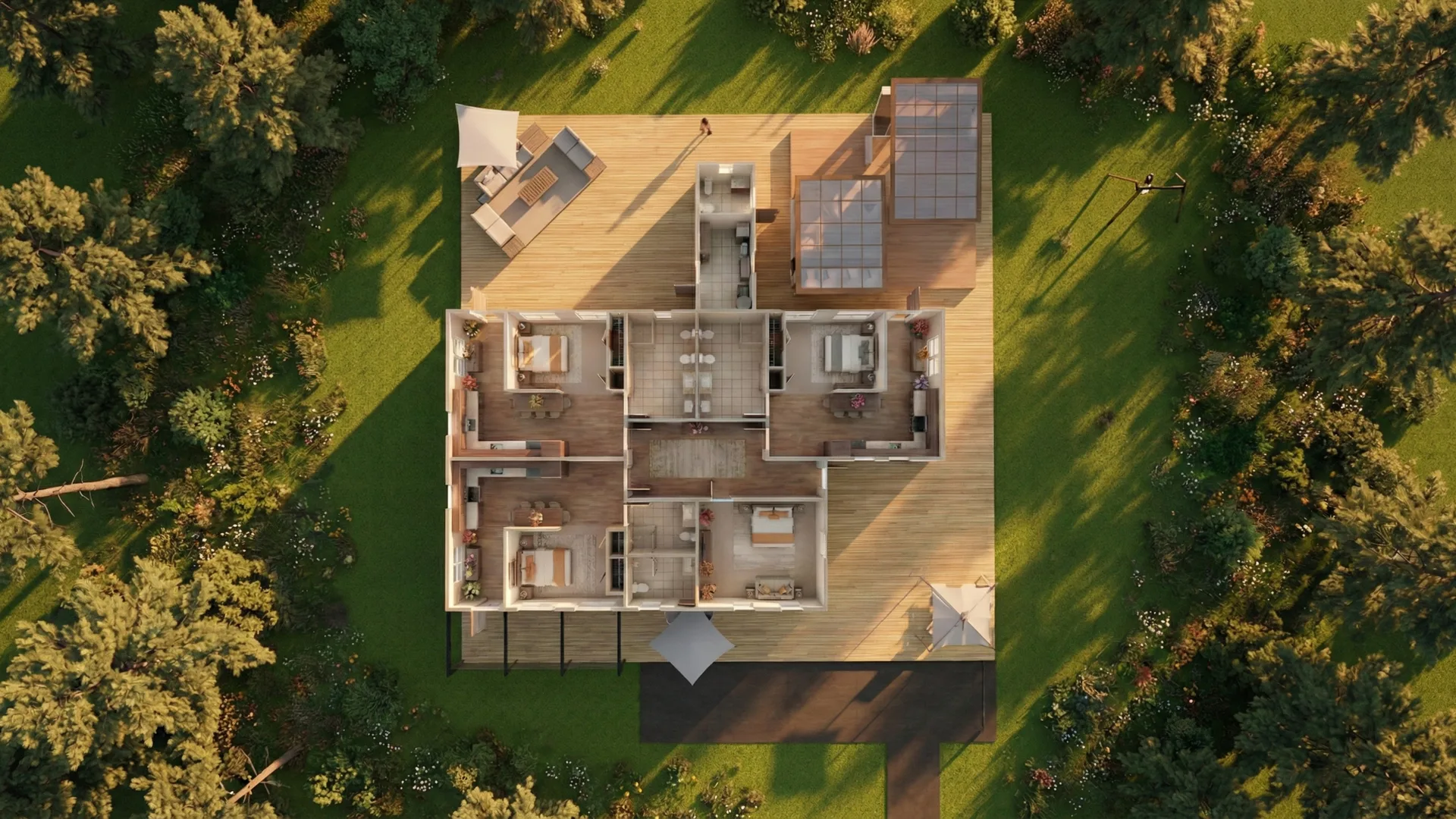 Villa Resort Forestale: vista zenitale con la distribuzione interna delle quattro suite e degli spazi comuni