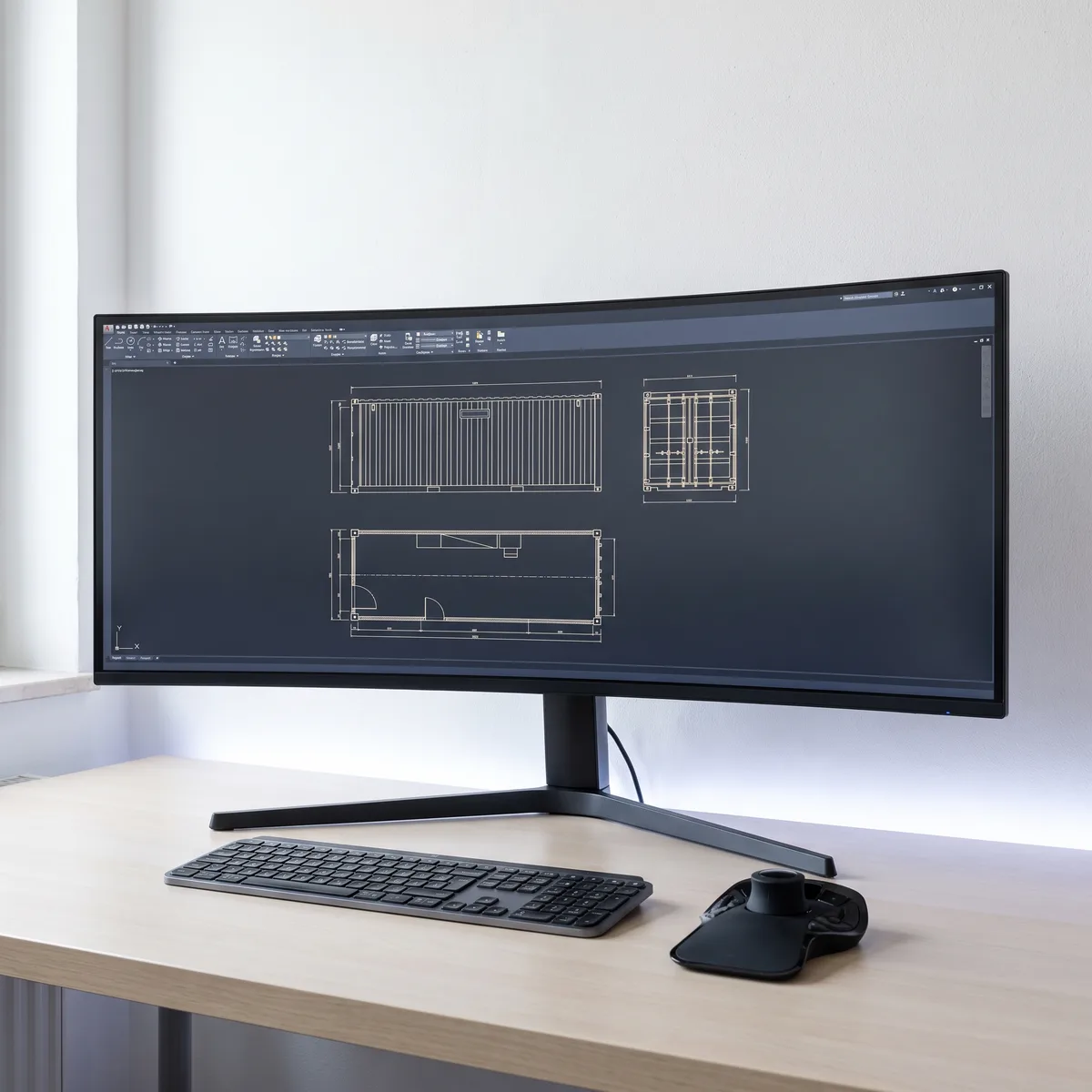 Monitor ultrawide con il disegno CAD in pianta e prospetto di un modulo container, tastiera e mouse 3D sulla scrivania